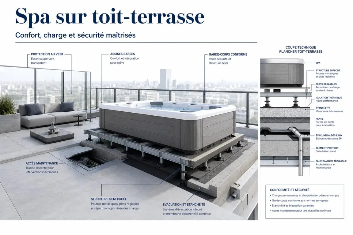 Aménagement spa extérieur sur toit-terrasse avec structure renforcée et coin détente