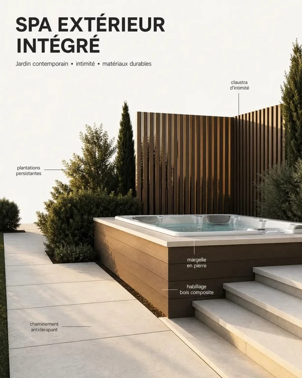 Aménagement spa extérieur dans un jardin contemporain avec claustra, bois composite et végétation