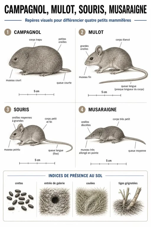 Campagnols : comparaison visuelle avec mulot, souris et musaraigne