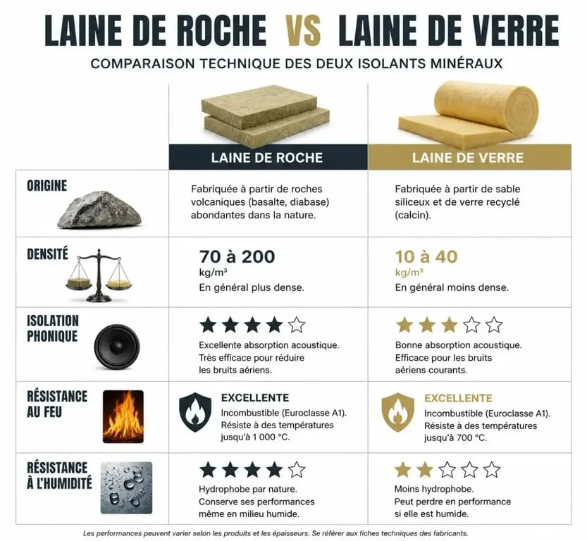 Tableau comparatif des performances entre la laine de roche et la laine de verre pour l'isolation thermique et acoustique