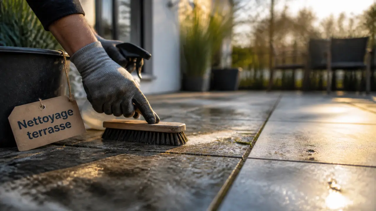 Nettoyer dalles terrasse avec brosse et produit, sans abîmer