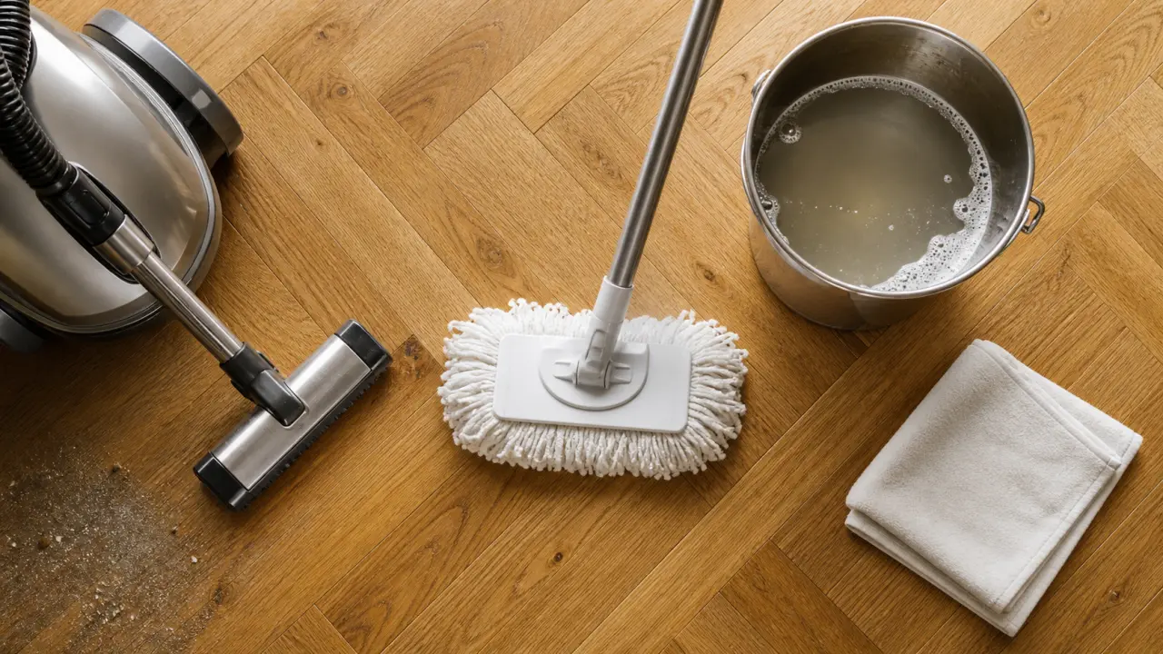 Nettoyer parquet : serpillière microfibre et produit doux sur parquet vitrifié