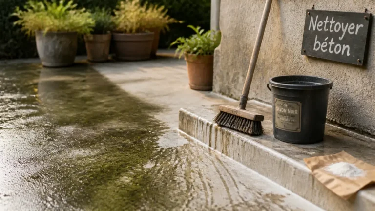 Nettoyer terrasse beton : mousse et gras sur béton, avant/après