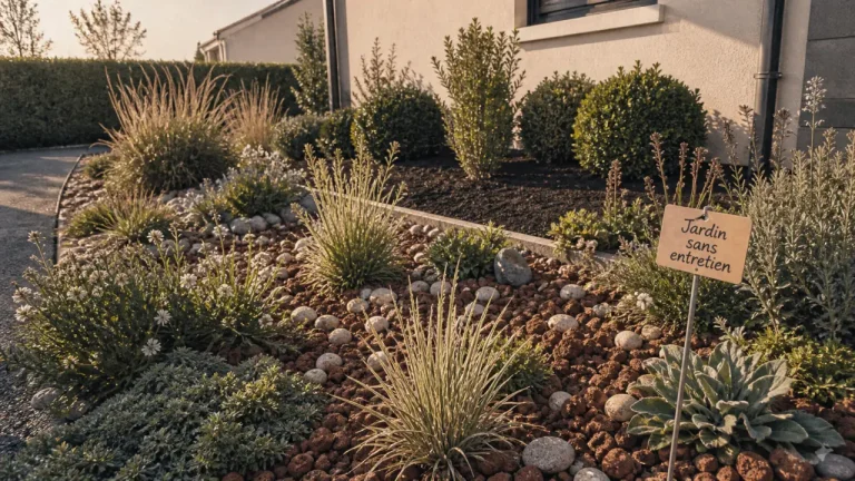 Parterre devant maison sans entretien : paillage minéral et plantes pour un jardin autonome