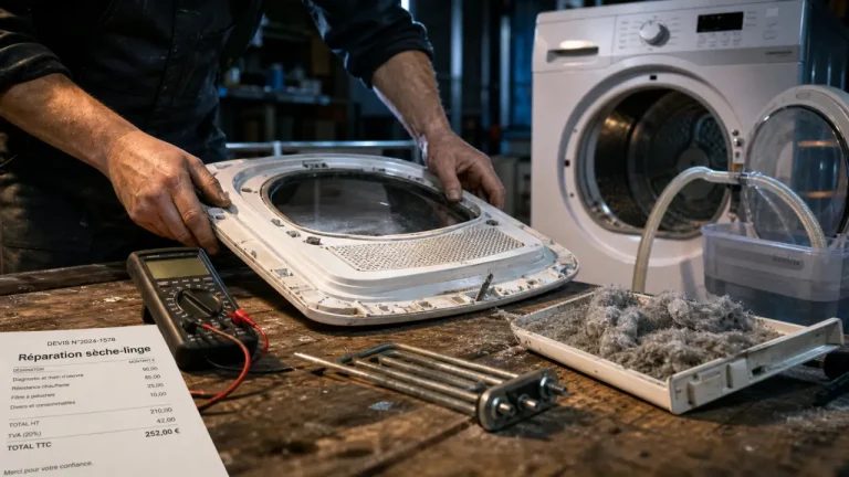 reparation seche linge : technicien vérifie panne sèche-linge, devis et pièces