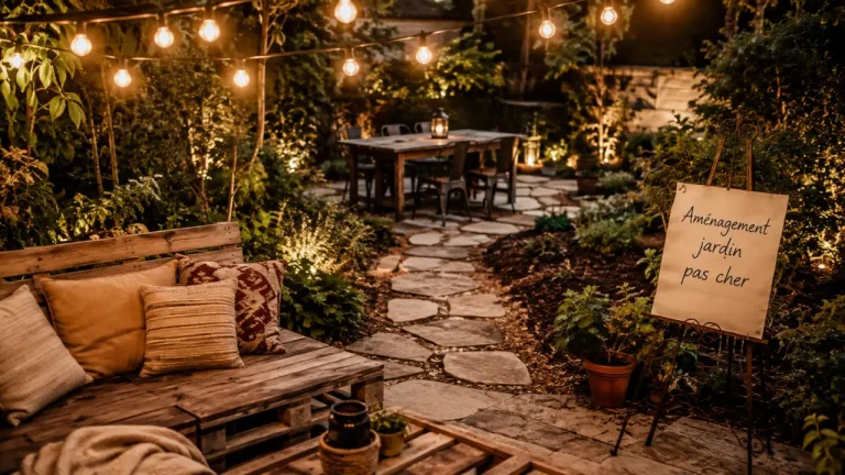 Aménagement jardin pas cher : zones, chemin en dalles récupérées et végétaux