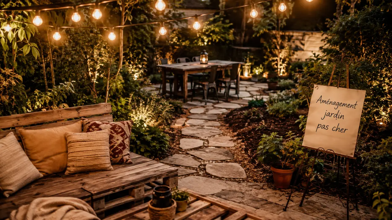 Aménagement jardin pas cher : zones, chemin en dalles récupérées et végétaux
