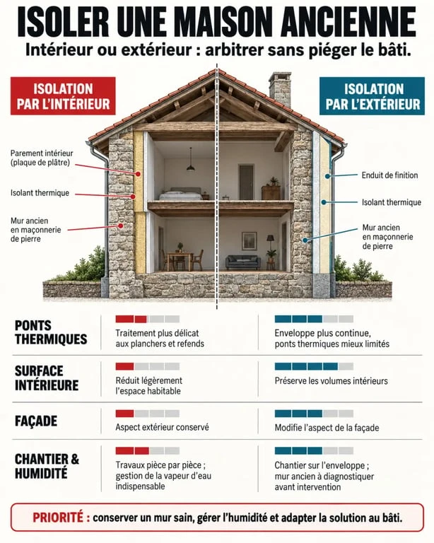 Isolation maison ancienne : comparaison visuelle entre isolation intérieure et isolation extérieure