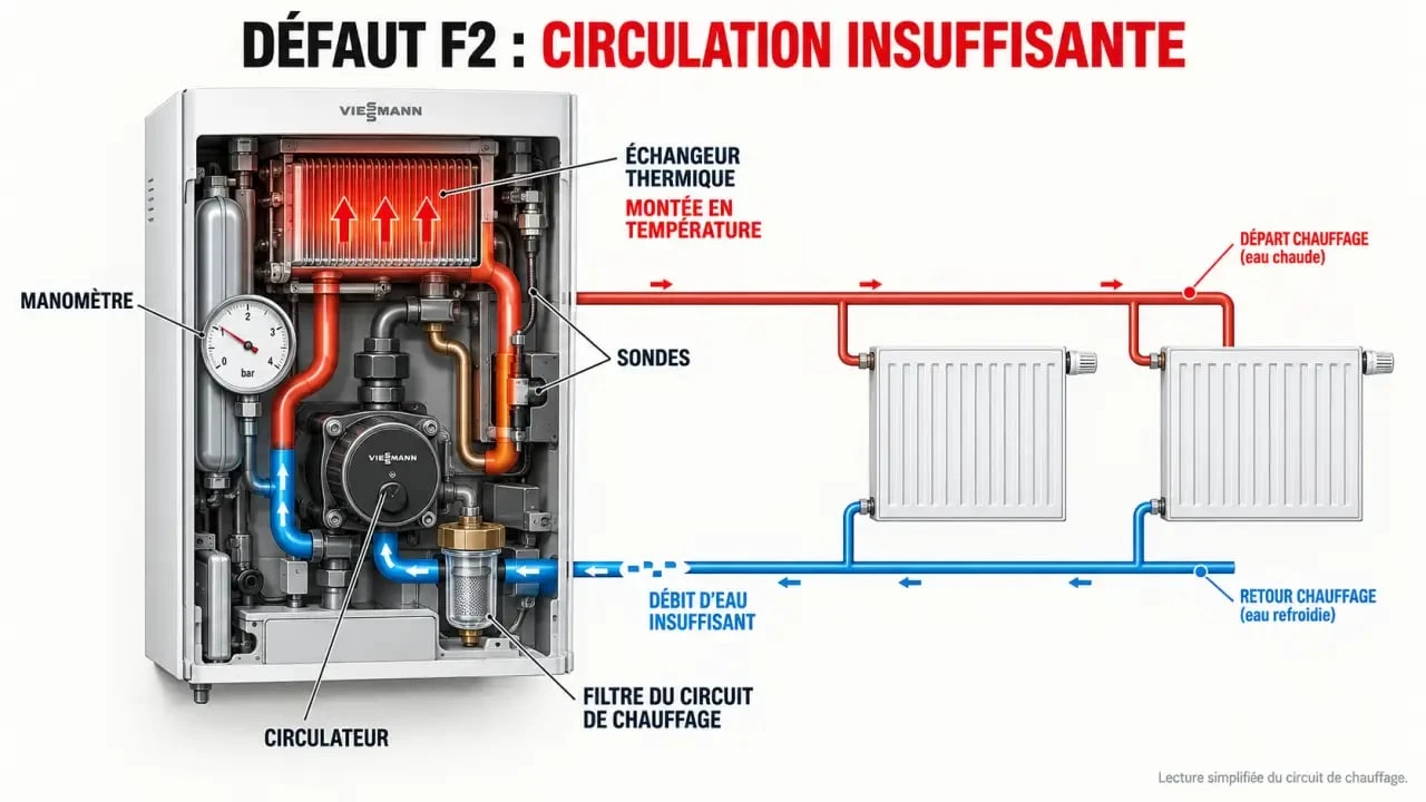 Schéma explicatif du défaut F2 Viessmann et des éléments liés à la circulation de l'eau