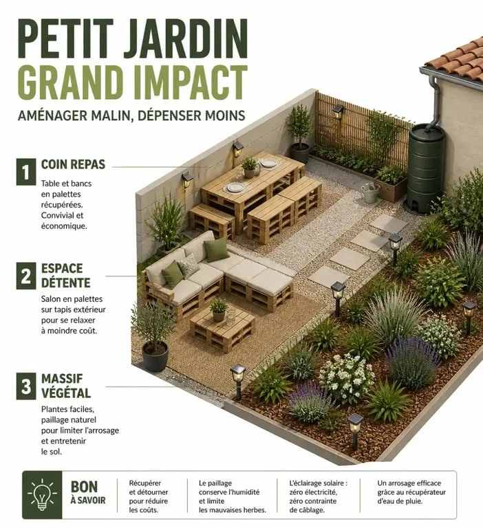 Aménagement jardin pas cher : vue d’ensemble d’un jardin économique avec zones séparées, mobilier en palettes et éclairage solaire