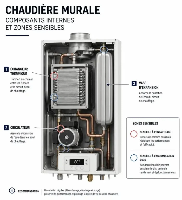 Schéma des composants internes d'une chaudière pour comprendre l'origine du bruit chaudière