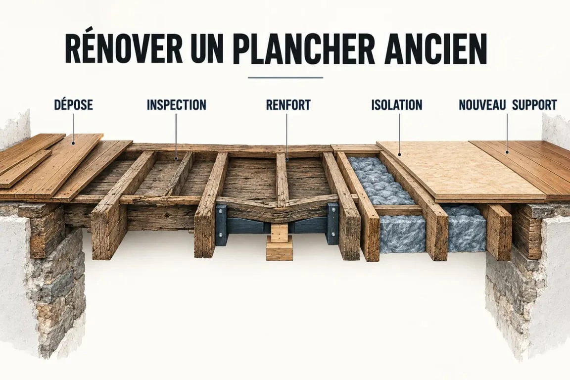Schéma de rénovation de plancher maison ancienne avec solives, lambourdes et isolation