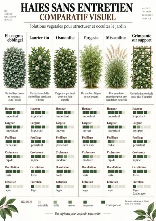 Infographie comparative des solutions pour une haie de jardin sans entretien