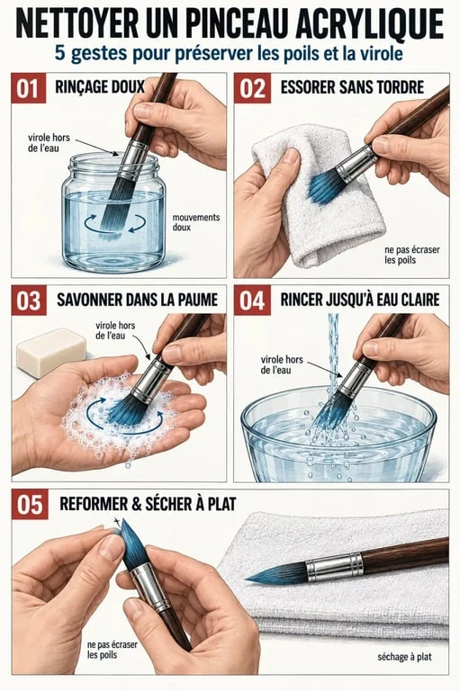 Étapes de nettoyage d’un pinceau avec de la peinture acrylique