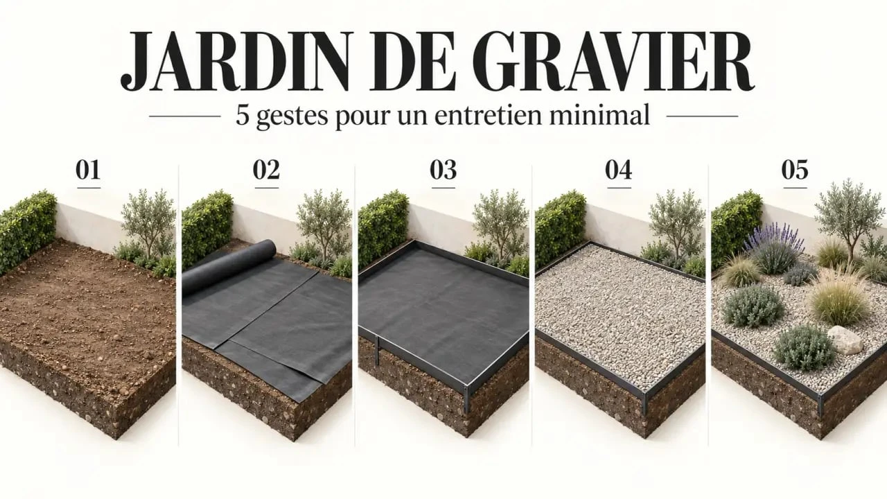 Étapes d’aménagement d’un jardin avec gravier sans entretien avec géotextile, bordures et plantes adaptées