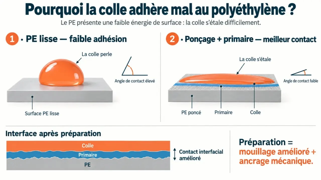 Schéma expliquant pourquoi coller du polyéthylène nécessite un primaire d'accroche