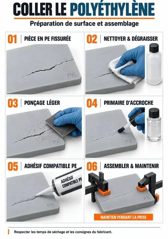 Étapes pour coller du polyéthylène avec nettoyage, ponçage, primaire et adhésif