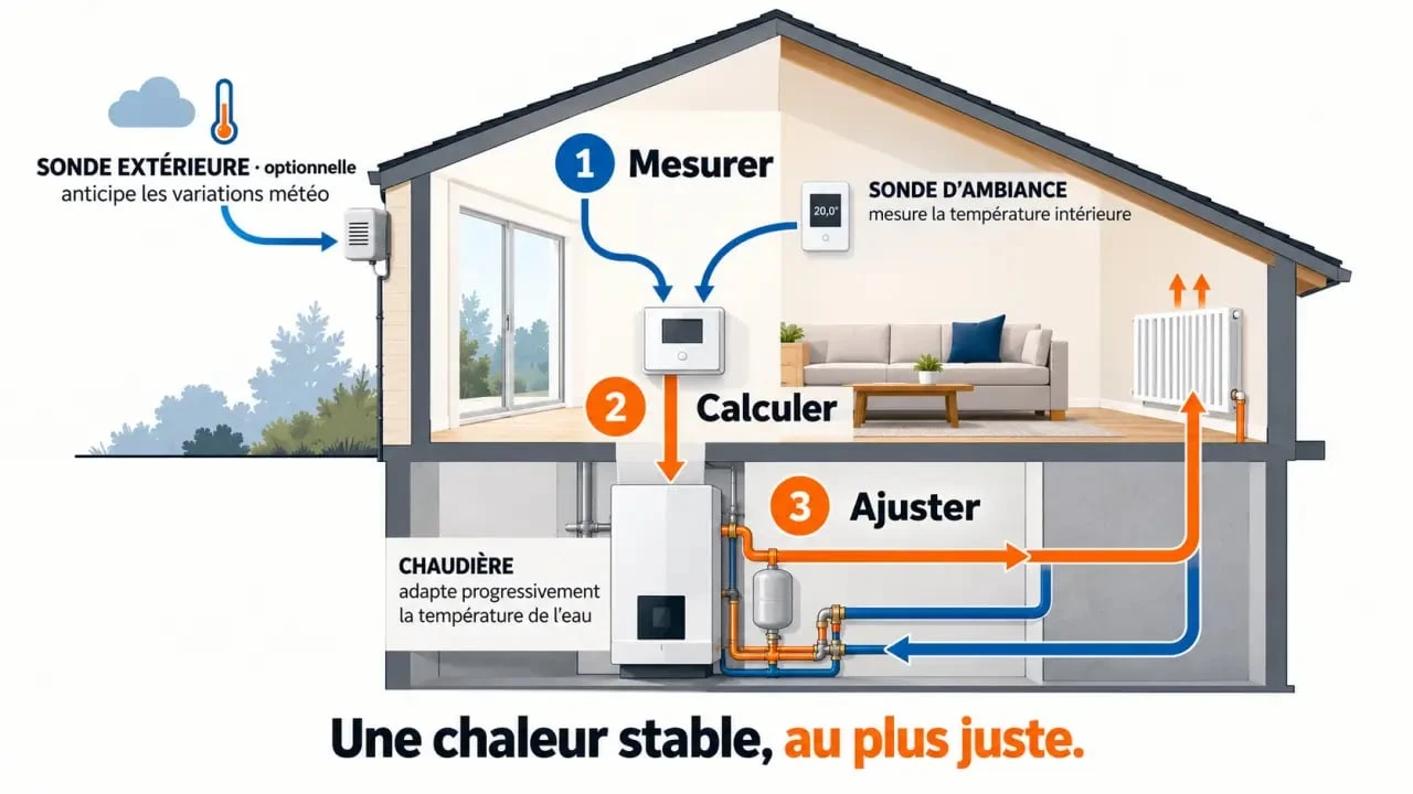 Schéma du fonctionnement d’un Exacontrol Saunier Duval avec sonde d’ambiance et sonde extérieure
