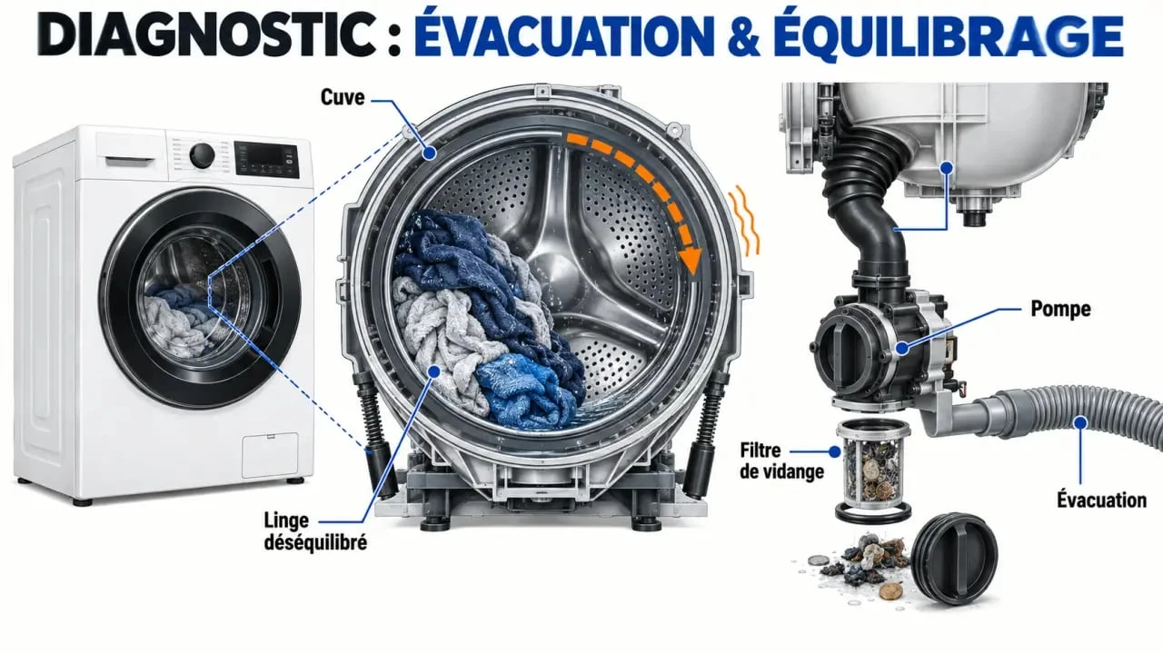 Schéma de diagnostic pour comprendre pourquoi ma machine à laver n'essore plus