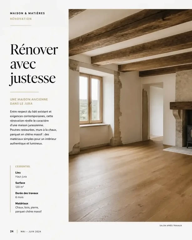 Rénovation intérieure maison ancienne à Dole avec salon en travaux et parquet neuf