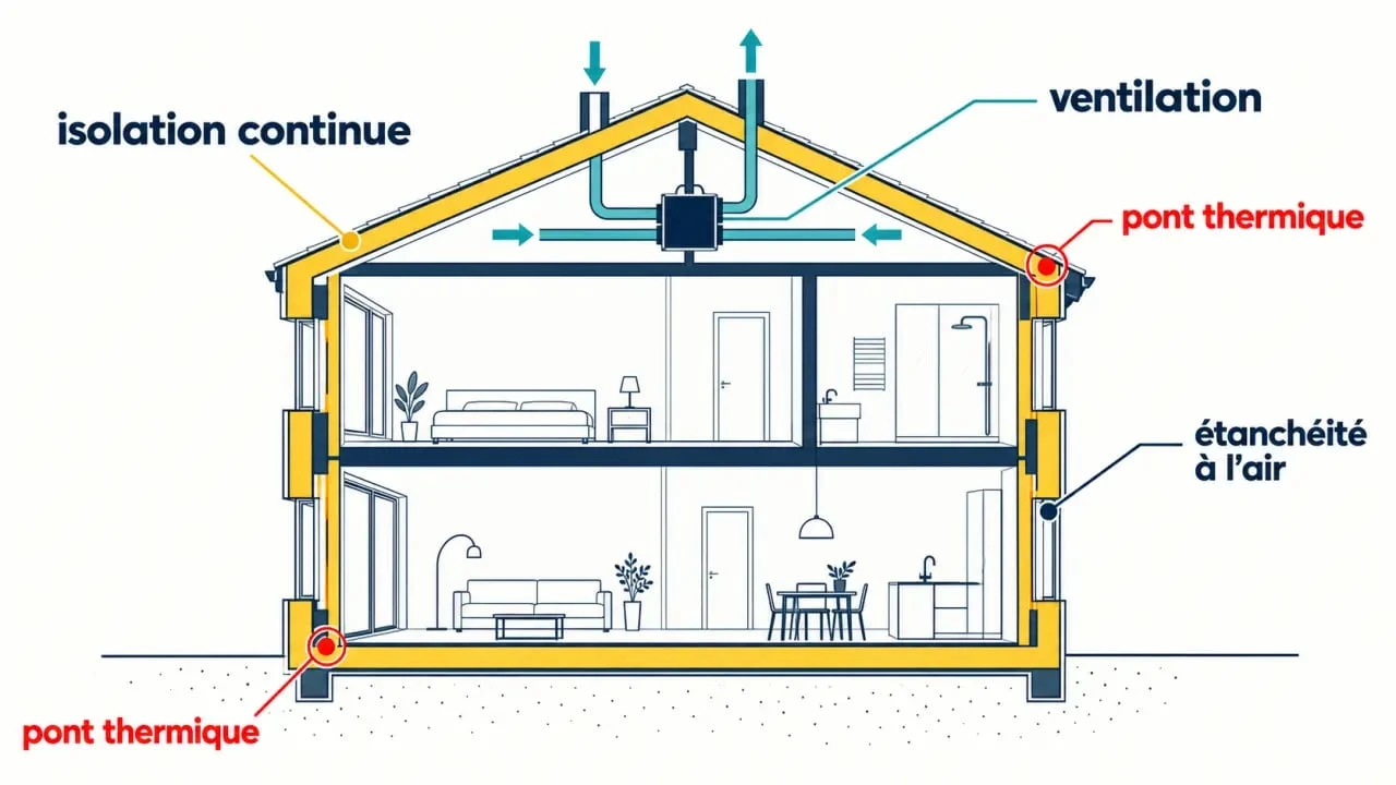 Isolation maison neuve : schéma de l’enveloppe continue, des ponts thermiques et de la ventilation