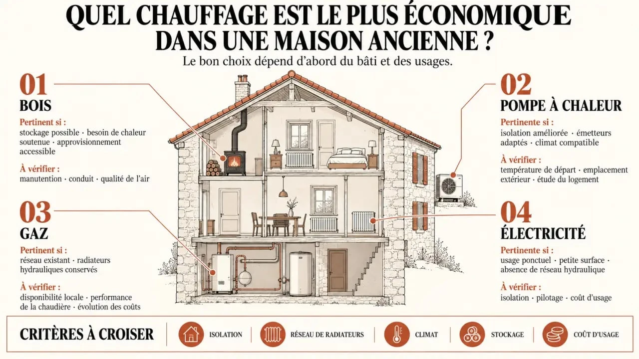 Infographie sur le chauffage le plus économique maison ancienne selon l’isolation et le réseau existant