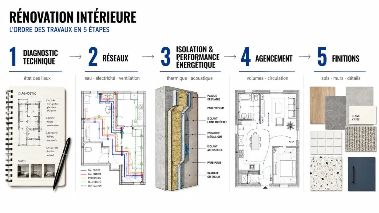 Travaux de rénovation intérieur : ordre des étapes d'un chantier, du diagnostic aux finitions