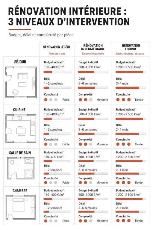 Travaux de rénovation intérieur : comparaison des niveaux de rénovation par pièce, budget et délai