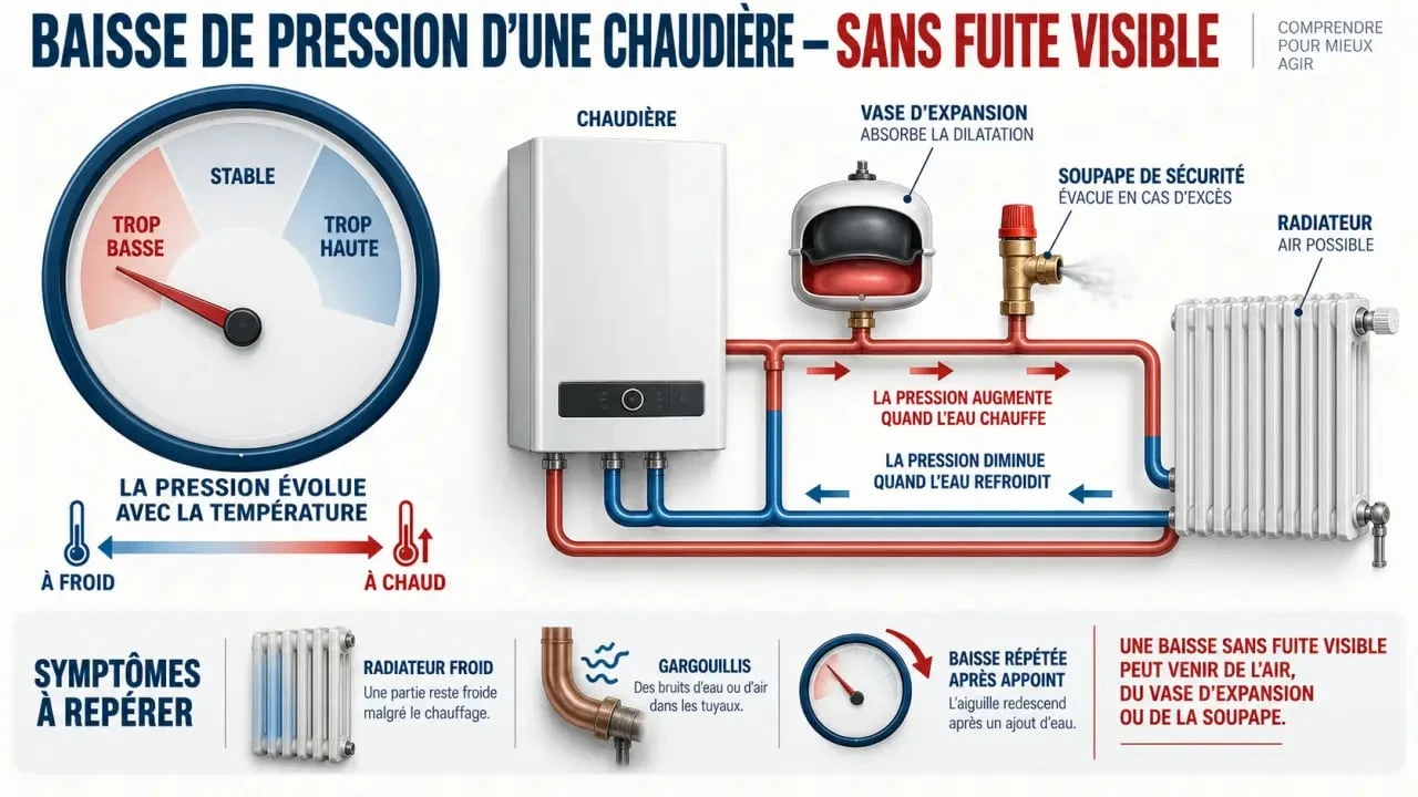 Baisse pression chaudière sans fuite : schéma du manomètre, du vase d’expansion et des symptômes