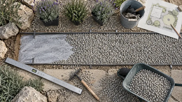 Gravier jardin sans entretien sur géotextile, prêt à poser
