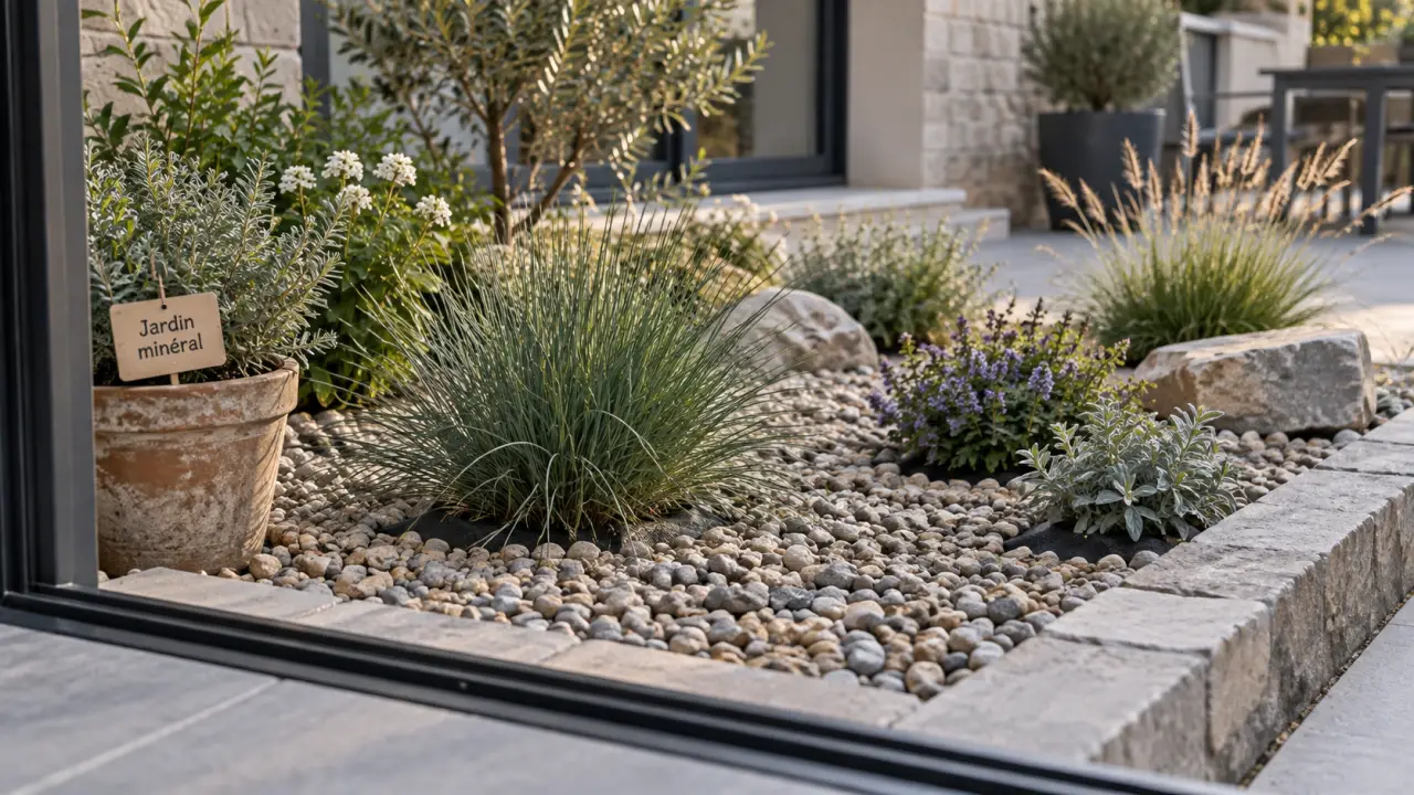 Jardin minéral sans entretien avec 5 cm de gravier sur paillage