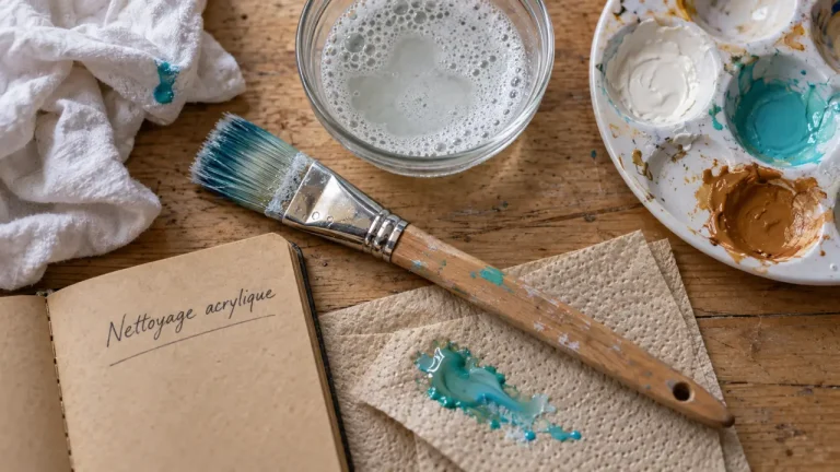 Peinture acrylique nettoyage : pinceau avec eau savonneuse et chiffon