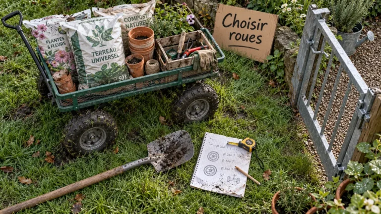 Chariot de jardin avec roues larges pour charge stable sur pelouse humide