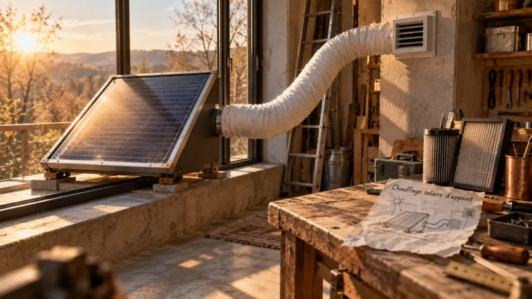 Chauffage solaire d'appoint maison : capteur solaire et soufflage d’air chaud près d’une baie vitrée