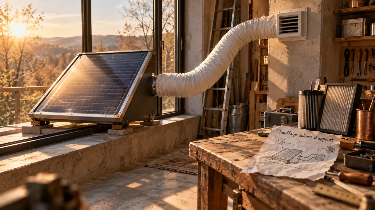 Chauffage solaire d'appoint maison : capteur solaire et soufflage d’air chaud près d’une baie vitrée