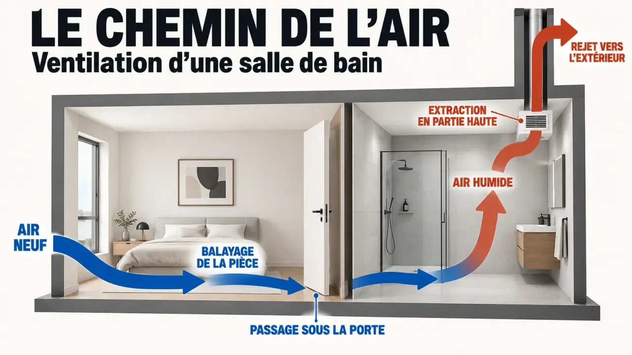 Schéma du chemin de l'air pour une ventilation dans une salle de bain, de l'arrivée d'air à l'extraction extérieure