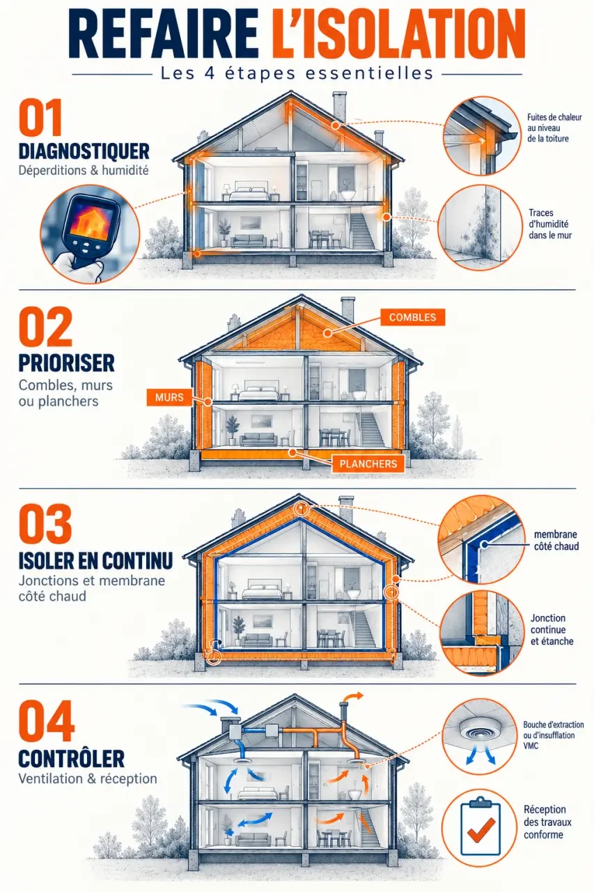 Étapes pour refaire isolation maison avec diagnostic, combles, murs et contrôle de la ventilation