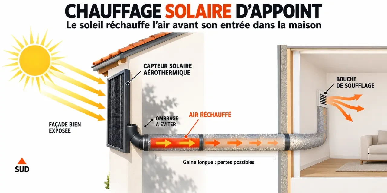Schéma d’un chauffage solaire d’appoint maison avec panneau aérothermique, gaine et air chaud