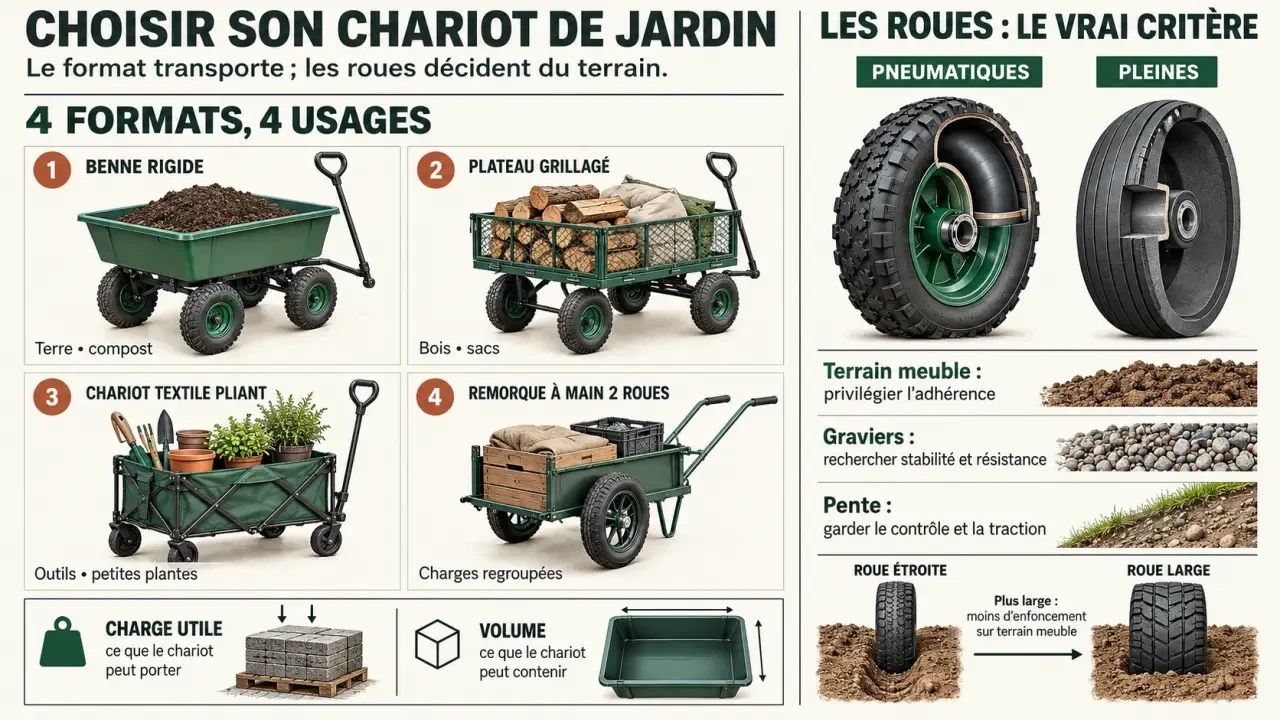 Infographie comparative des formats et critères pour choisir un chariot de jardin
