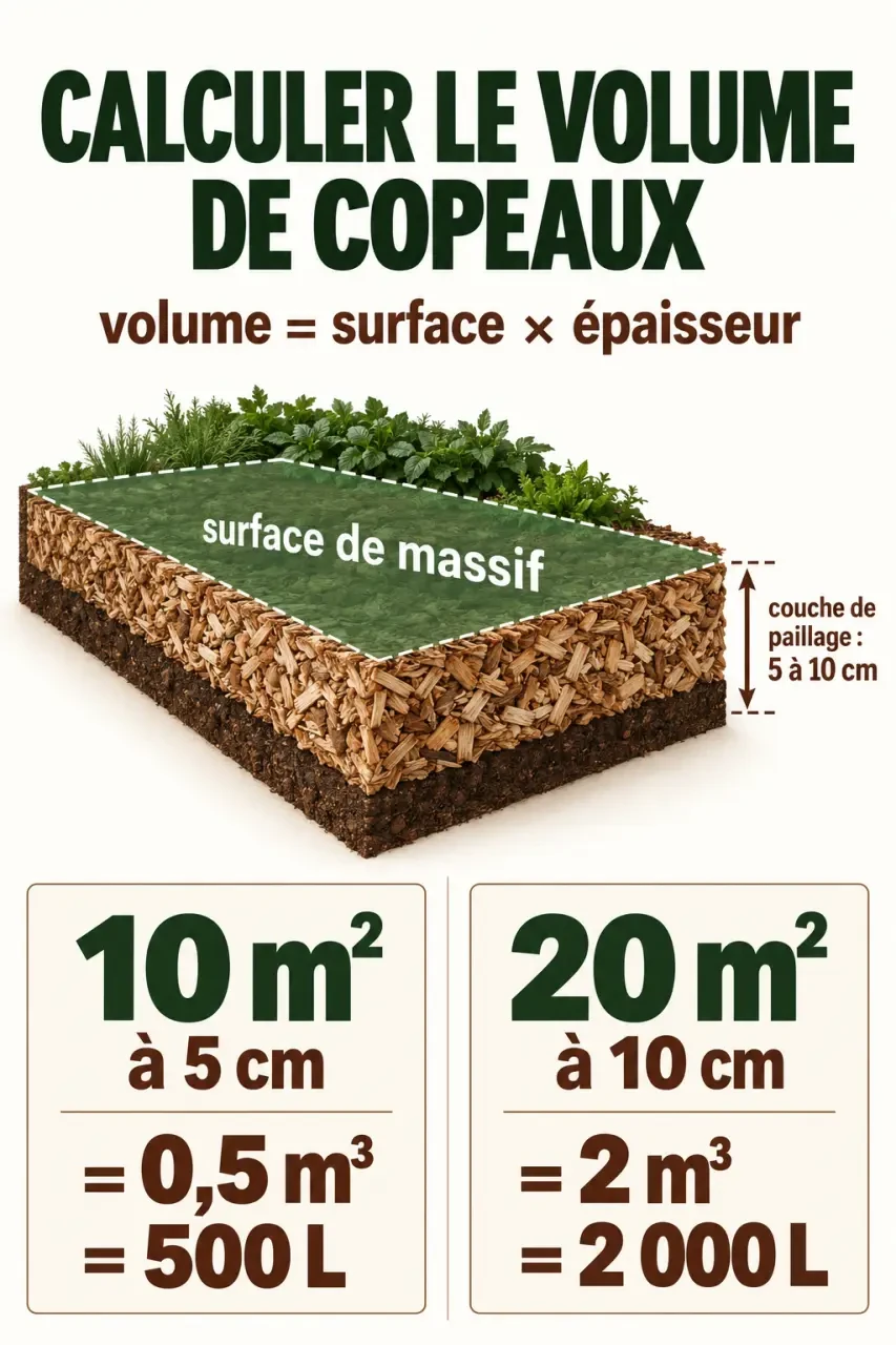 Calcul du volume de copeaux de bois jardin selon la surface et l'épaisseur du paillage