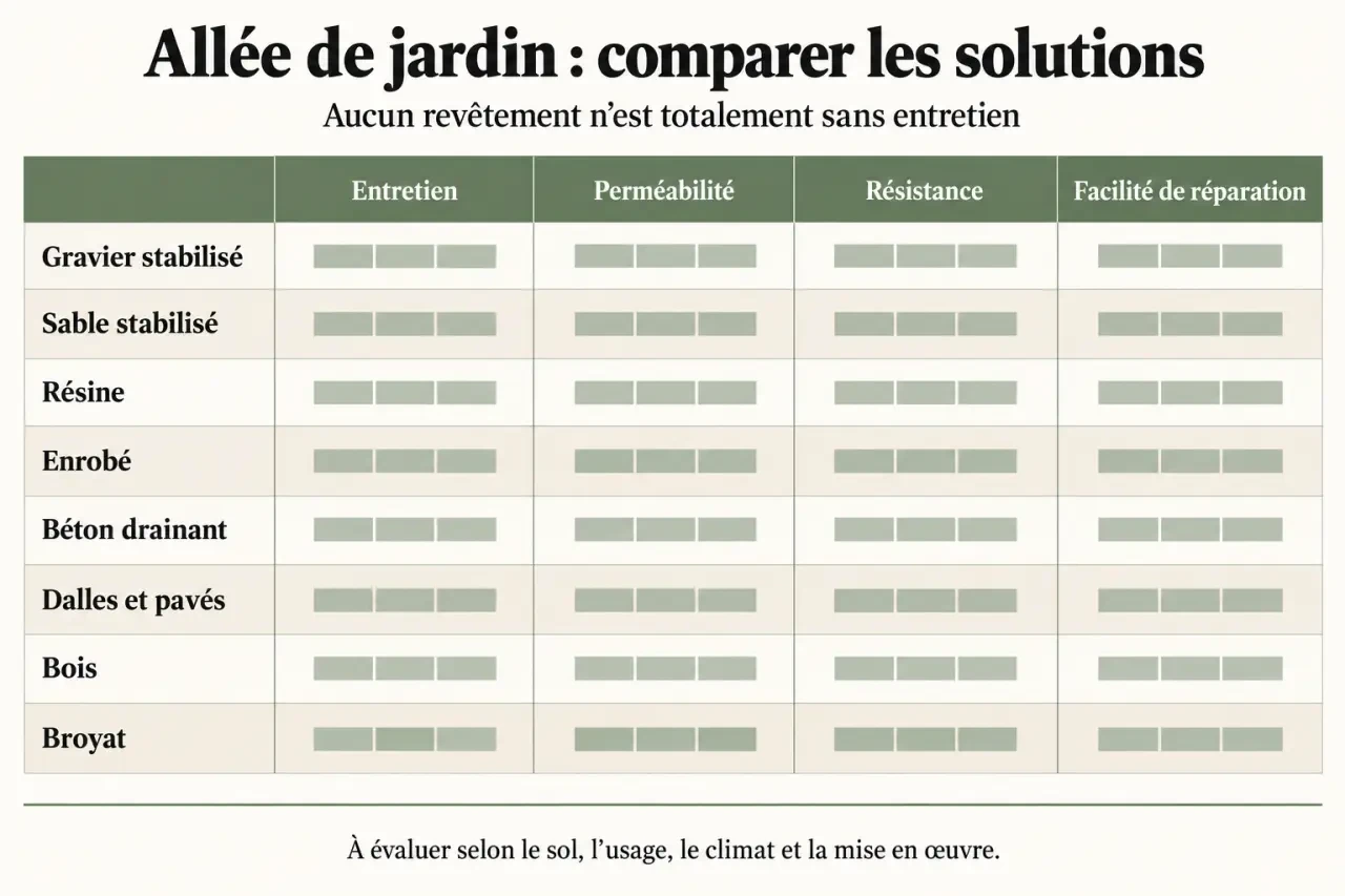 Comparaison visuelle des revêtements pour une allée de jardin sans entretien