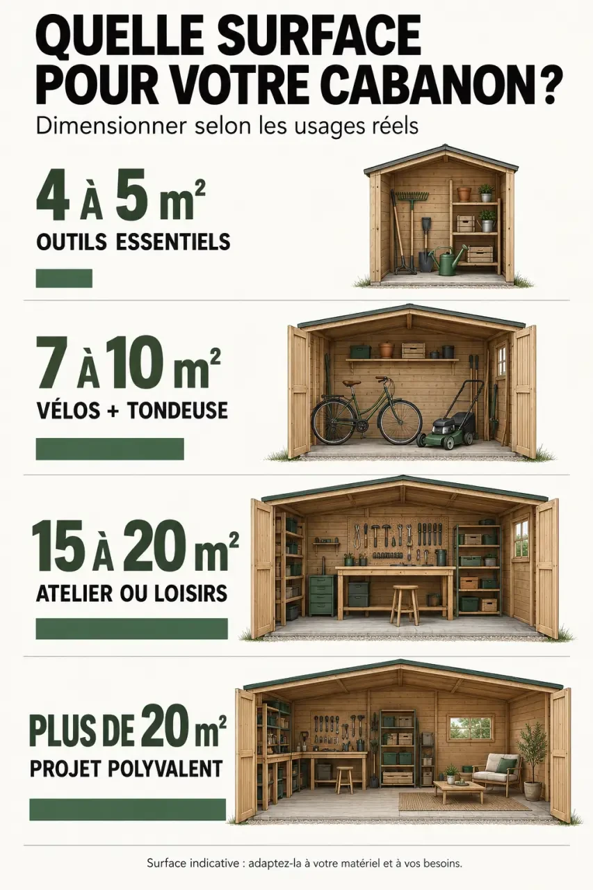 Infographie sur les surfaces d’un cabanon jardin bois selon les usages