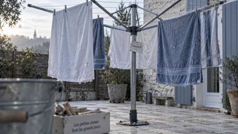 Évendage extérieur : étendoir parapluie 360° au jardin, draps et serviettes