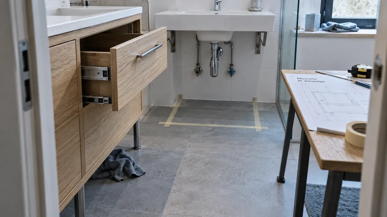 Meuble salle de bain sur pied pour ranger sans sacrifier le passage