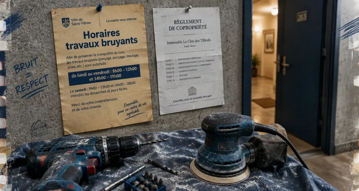Travaux de voisinage horaires autorisés, affiche municipale et outil de chantier, vue couloir