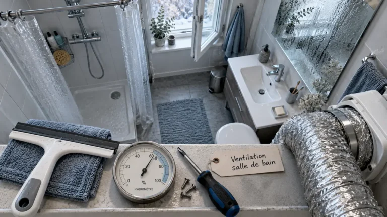 Ventilation dans une salle de bain : hygromètre et conduit pour renouveler l’air